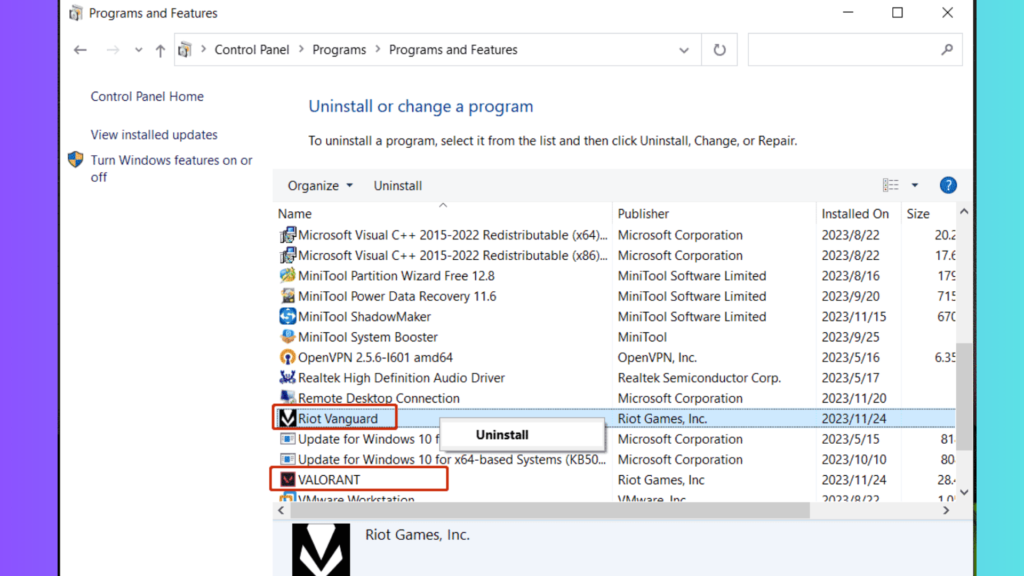 Delete Valorant via Windows Settings